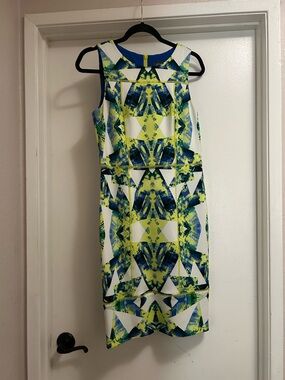 Vince Camuto Blue, Yellow & White Geometric Midi Dress